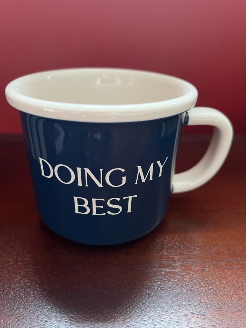 NWT Room Essentials “Doing My Best” Navy Camper Mug with White Trim, 13 oz